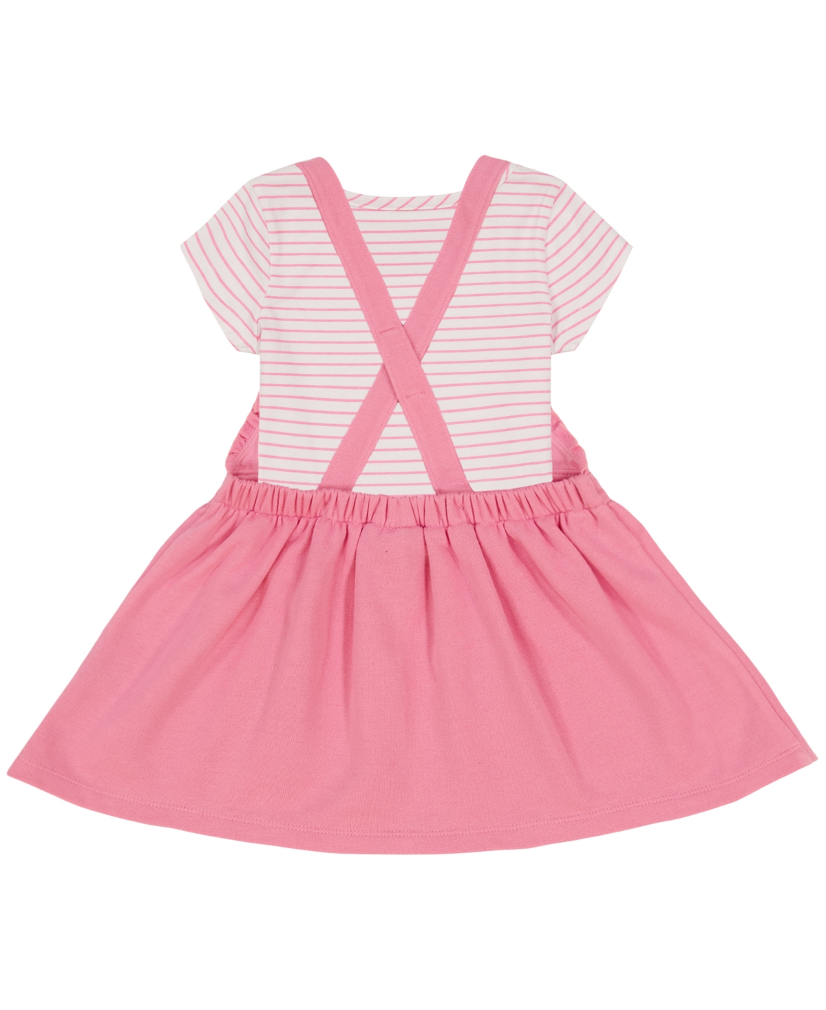 Shop Kids Headquarters Baby Girls Striped Jersey T-shirt And Floral French Terry Pinafore Skirt Set In Pink