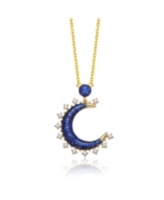 Sterling Silver with 14K Gold and Black Plated Sapphire Cubic Zirconia Moon Charm Necklace - Blue