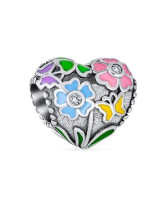 Valentine CZ Accent Love Grows Floral Heart Charm Bead Sterling Silver Bracelet