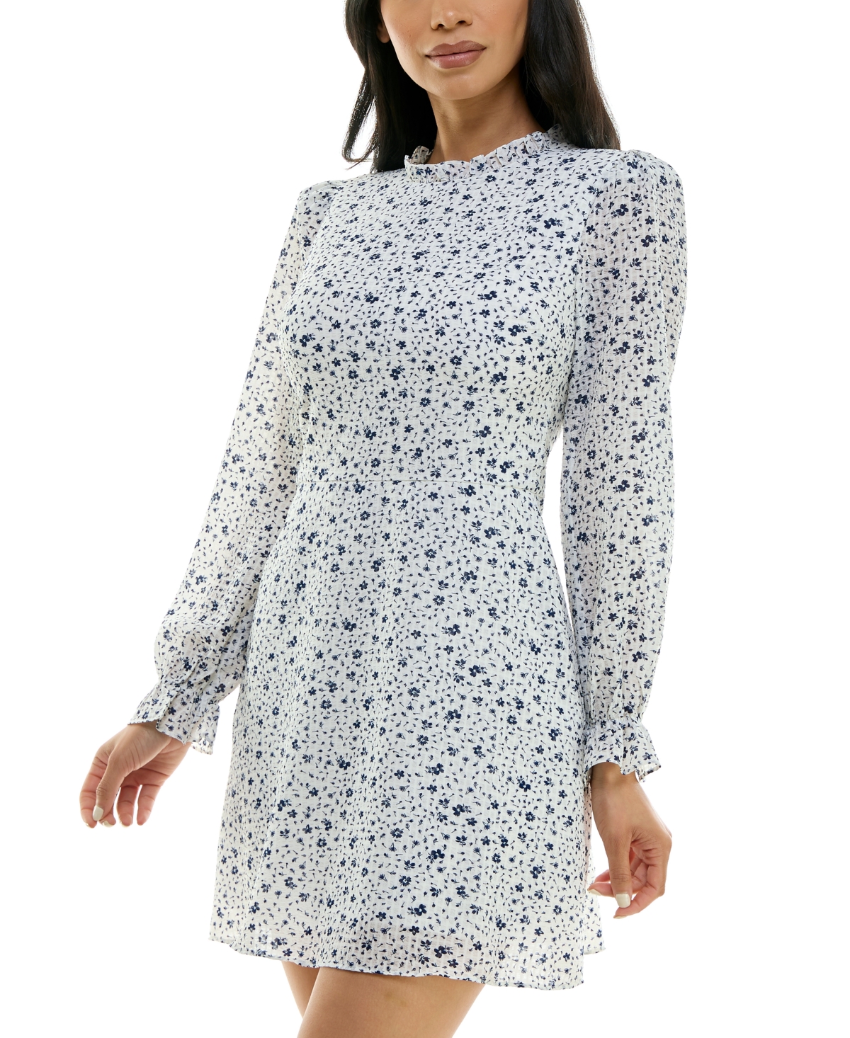 Shop B Darlin Juniors' Printed Mock-neck Long-sleeve Dress In Cream,navy