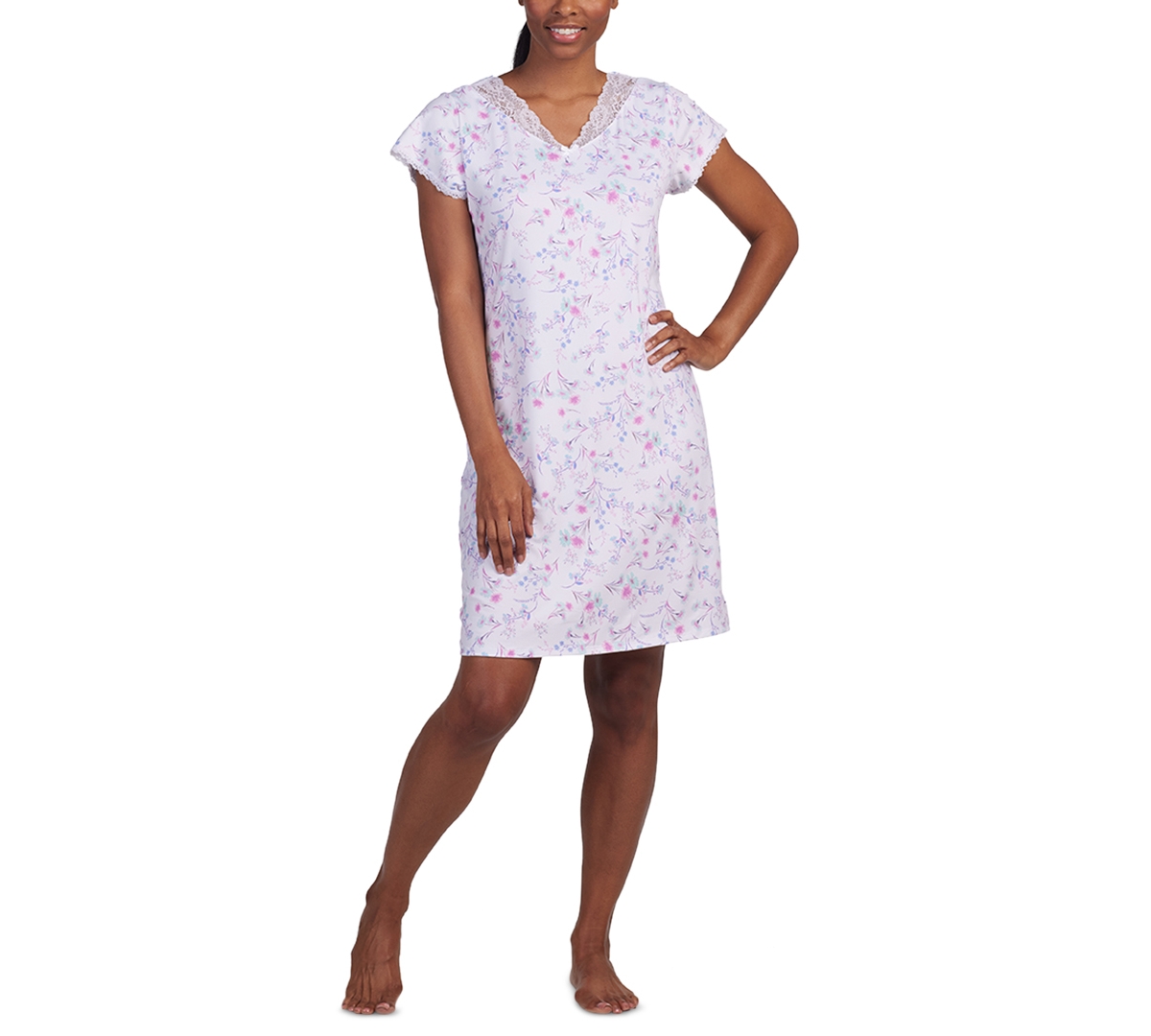 Miss Elaine Women's Printed Lace-Trim Nightgown -lavender Floral