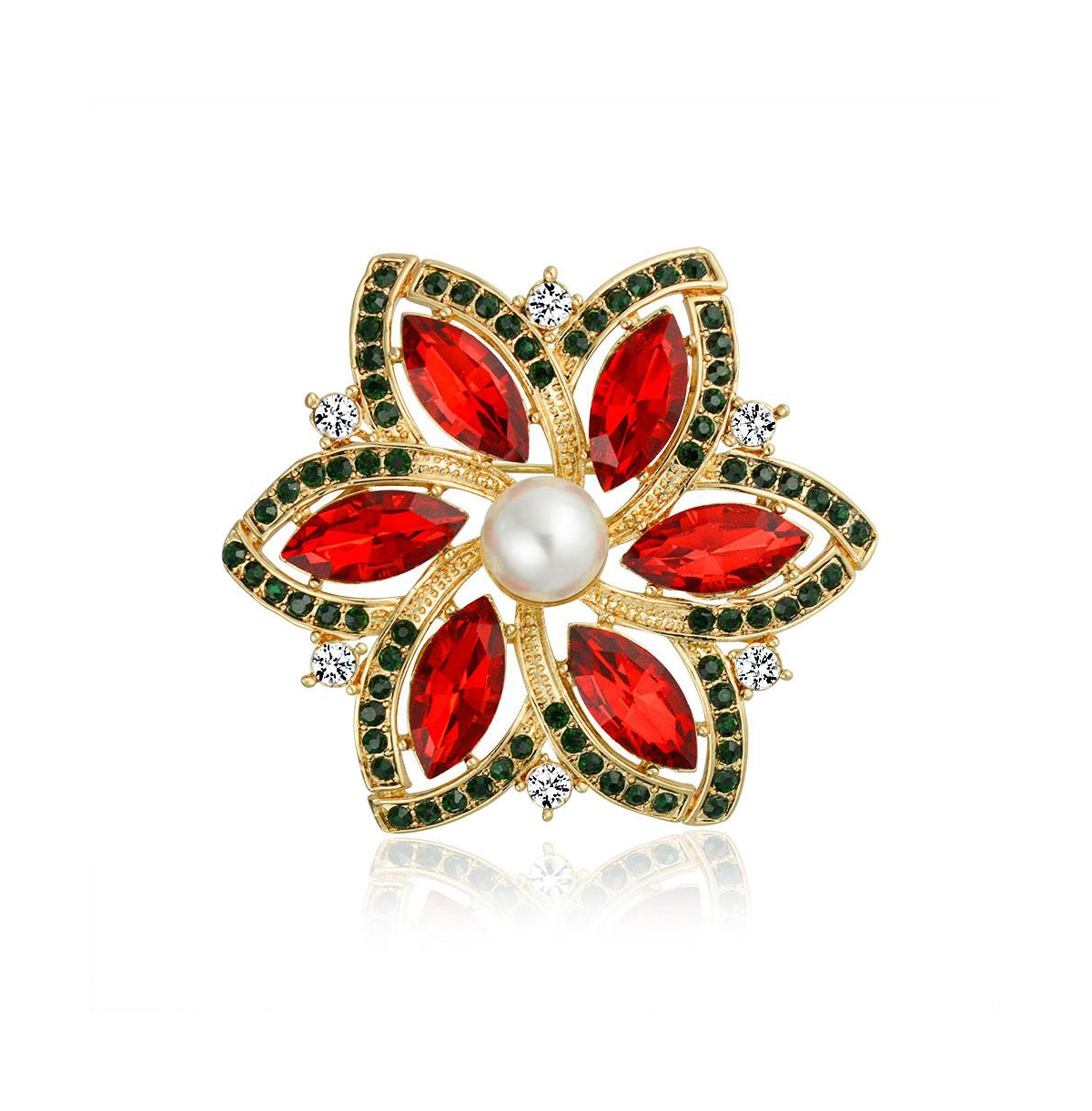 Red Marquise Colorful Crystal Simulated Pearl Fashion Large Statement Holiday Christmas Poinsettia Flower Scarf Brooch Pin For Women Gold Plated - Red