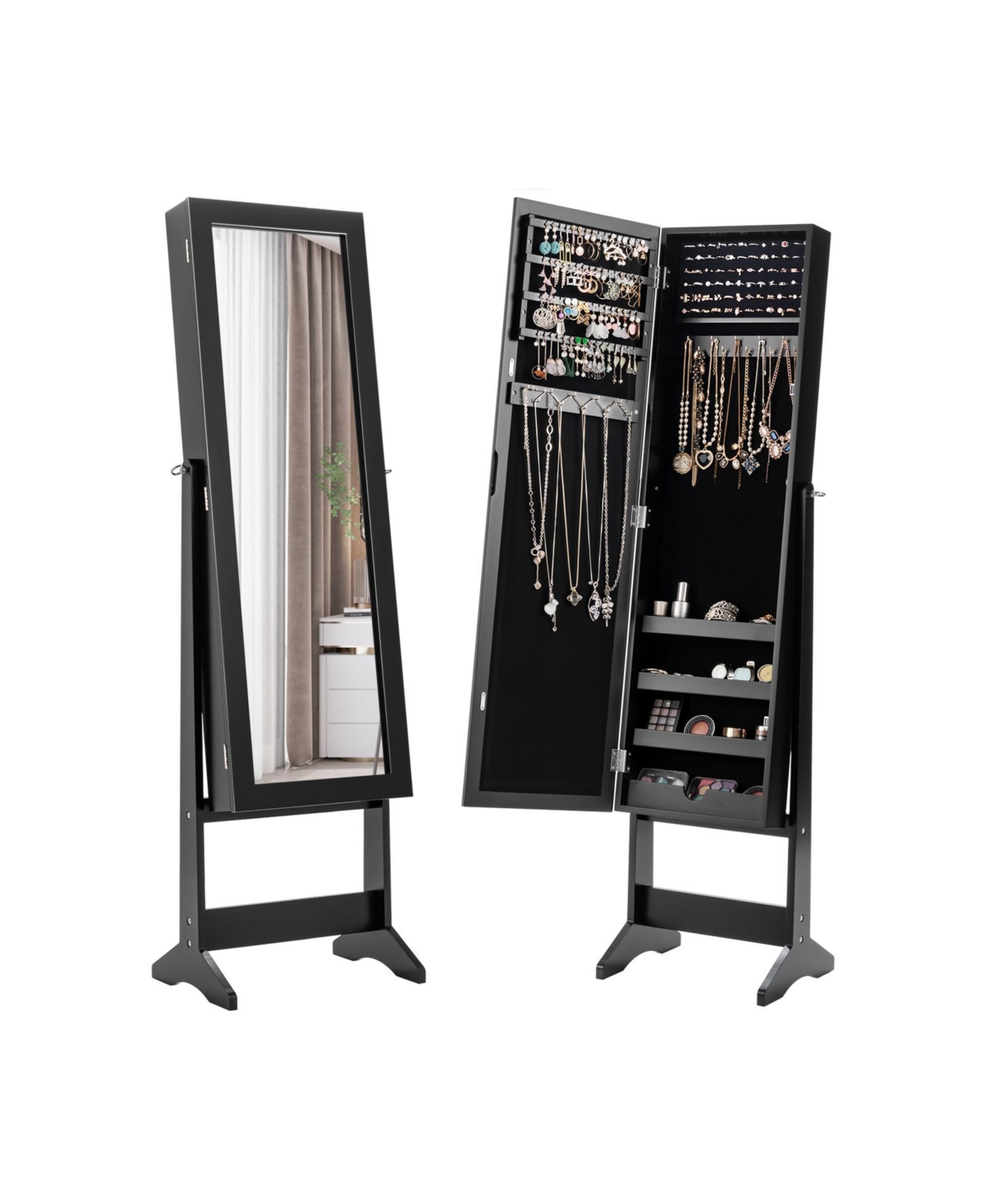 Mirrored Standing Jewelry Cabinet Storage Box-Black - Black