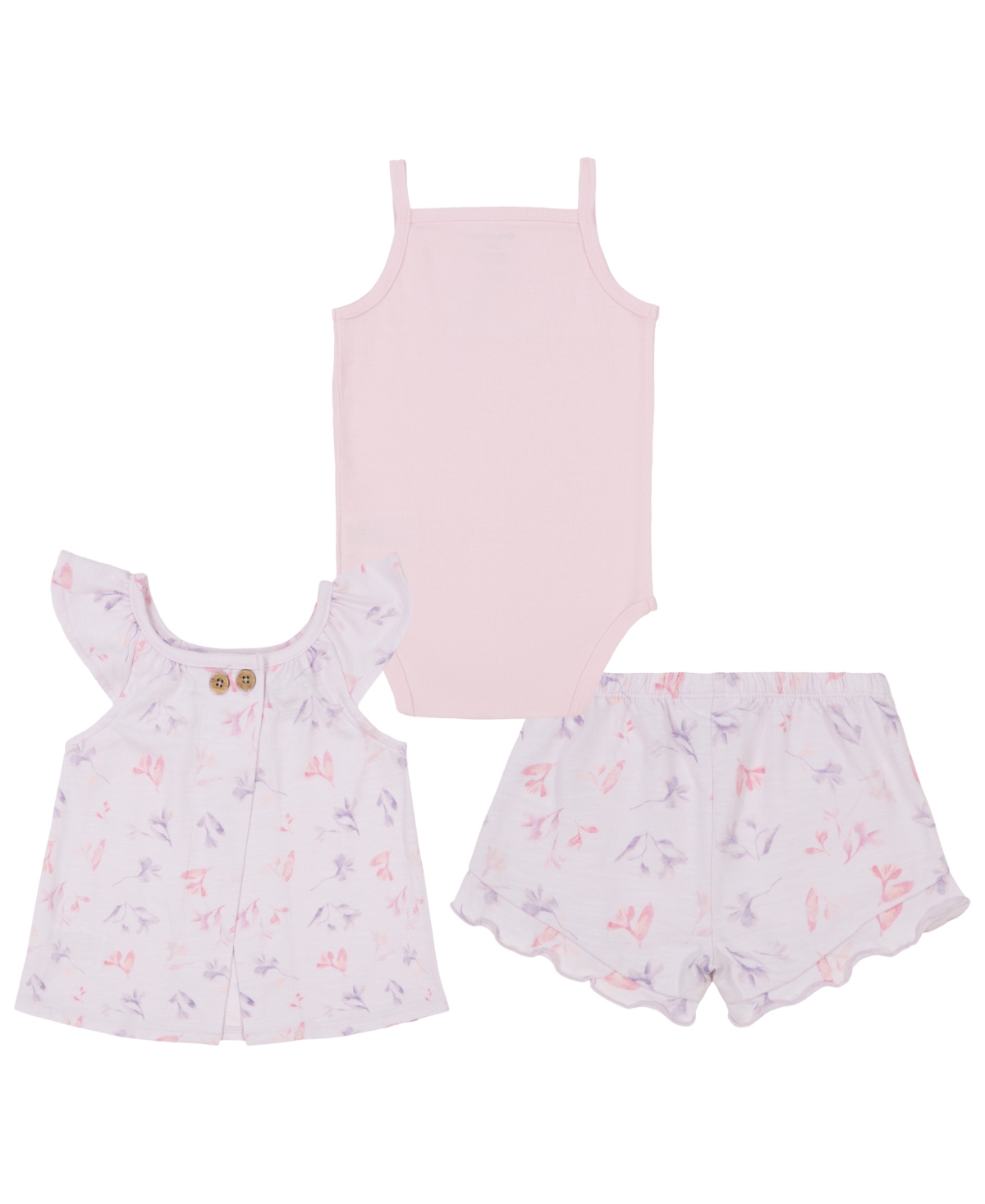 Shop Calvin Klein Baby Girls Ribbed Bodysuit, Slub Jersey Floral Print Tank And Shorts, 3 Piece Set In Lilac,pink