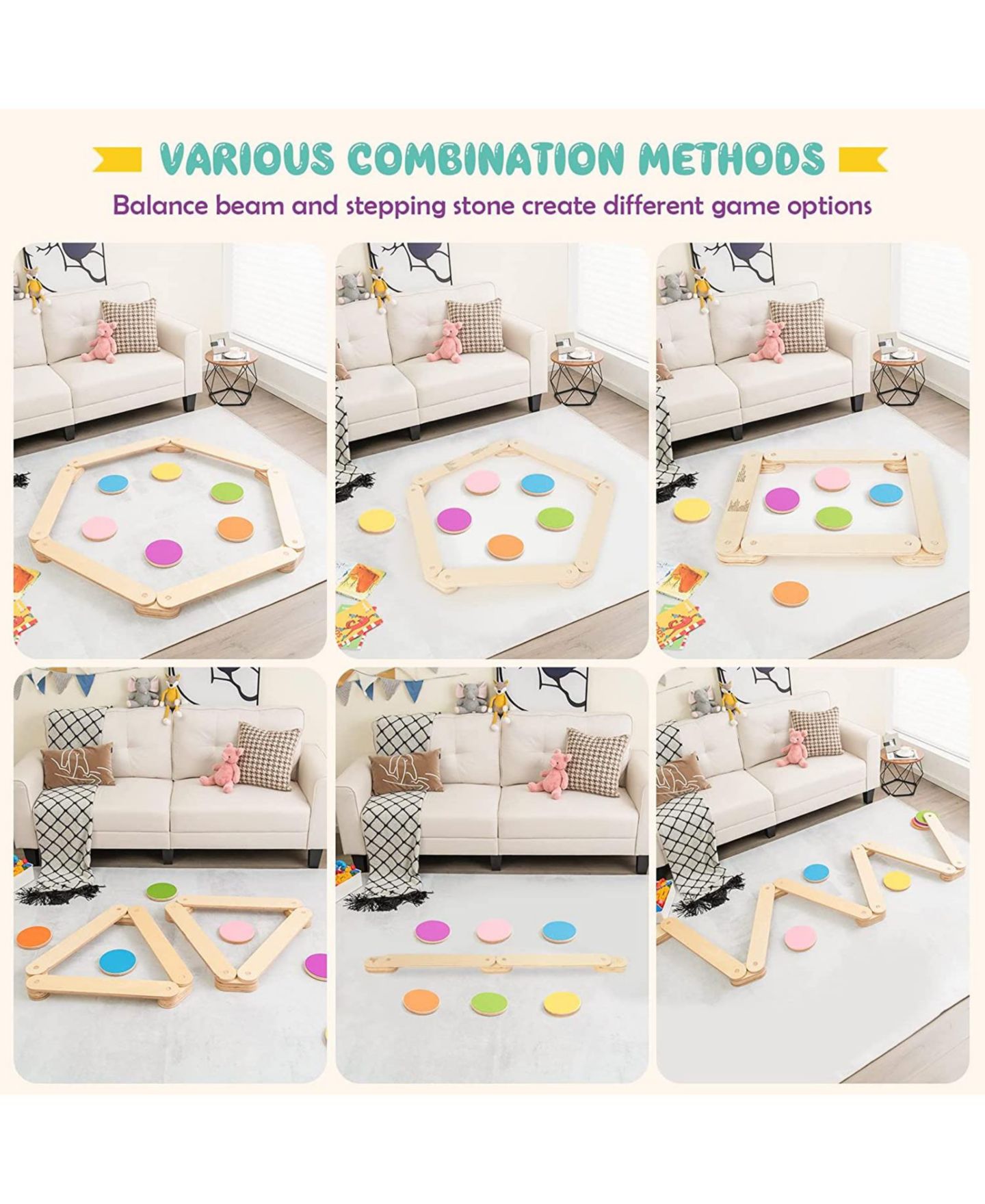 Детские игрушки SUGIFT 12-Piece Wooden Balance Beam with Colorful Stepping Stones Set, Ages 3-7 — фото 2