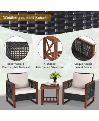 3 Pieces Patio Wicker Furniture Set with Washable Cushion and Acacia Wood Coffee Table-Beige