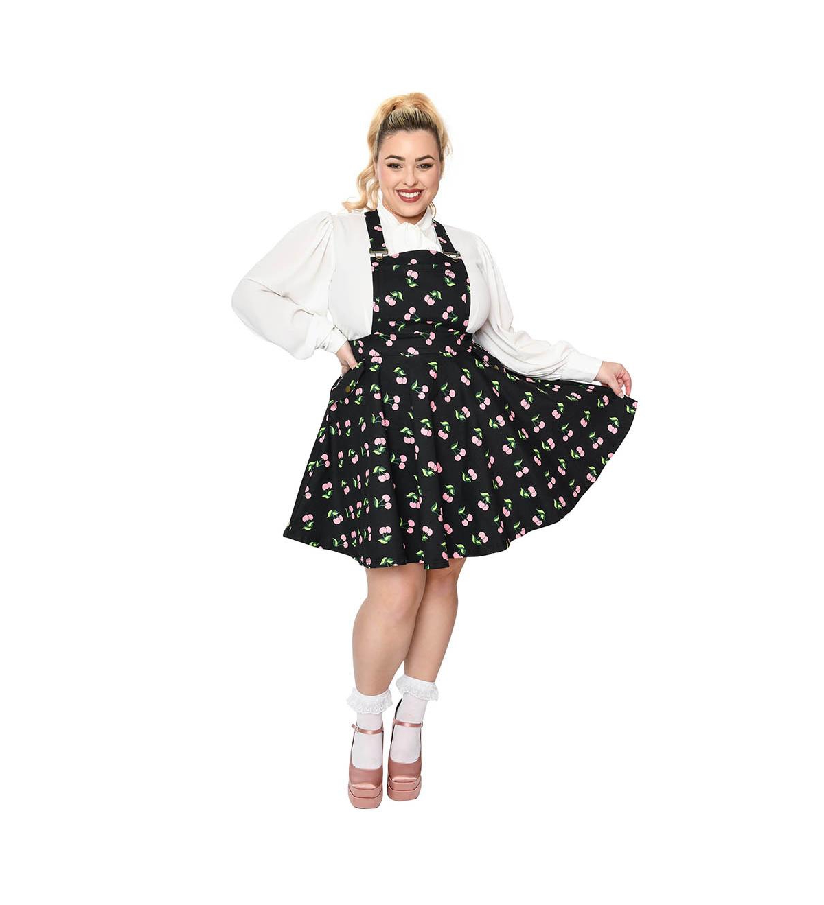 Plus Size Brionne Pinafore Skirt - Black/pink cherries