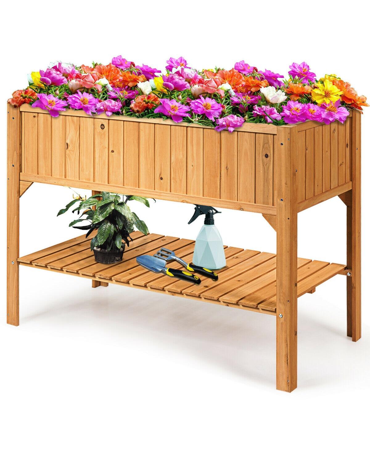 Wooden Elevated Planter Box Shelf Suitable for Garden Use - Brown