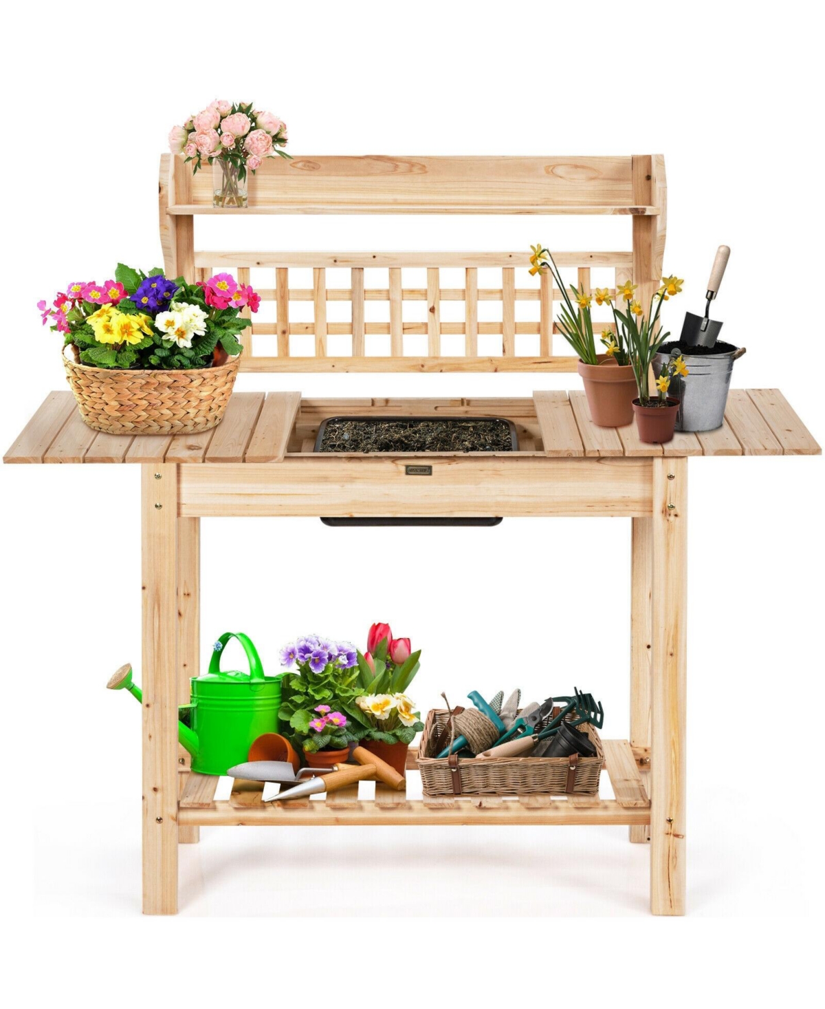 Garden Potting Bench Workstation Table with Sliding Tabletop Sink Shelves - Natural