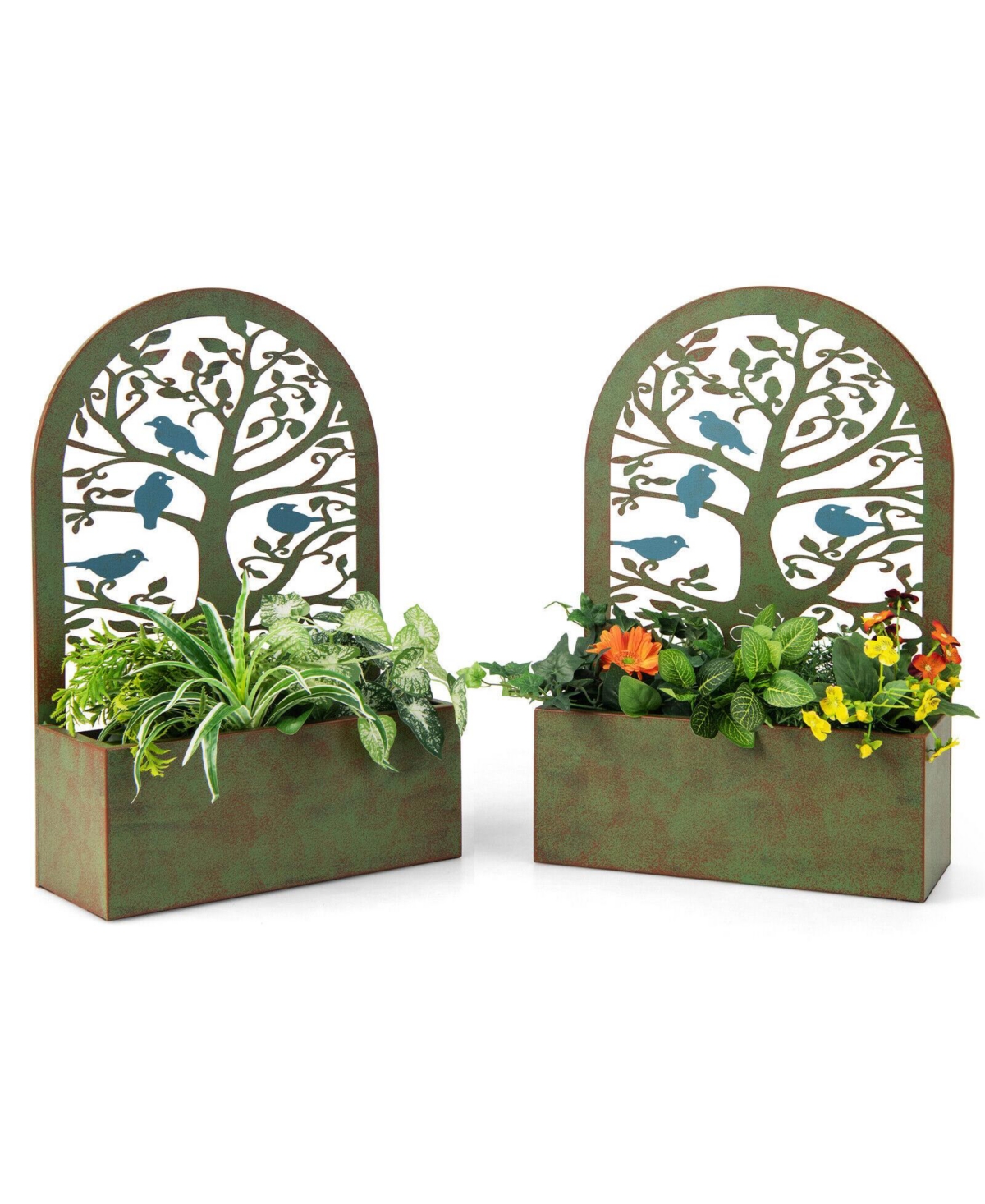 Set of 2 Decorative Raised Garden Bed for Climbing Plants-Rust - Green