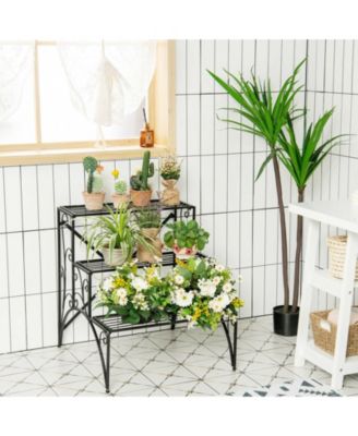 3-Tier Metal Plant Stand with Widened Grid Shelf for Porch Garden