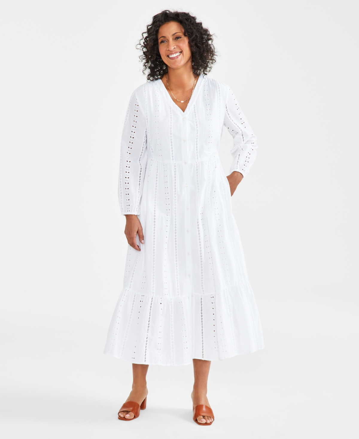 Style & Co Women's Cotton Eyelet Tiered Midi Dress, Created For Macy's In Bright White