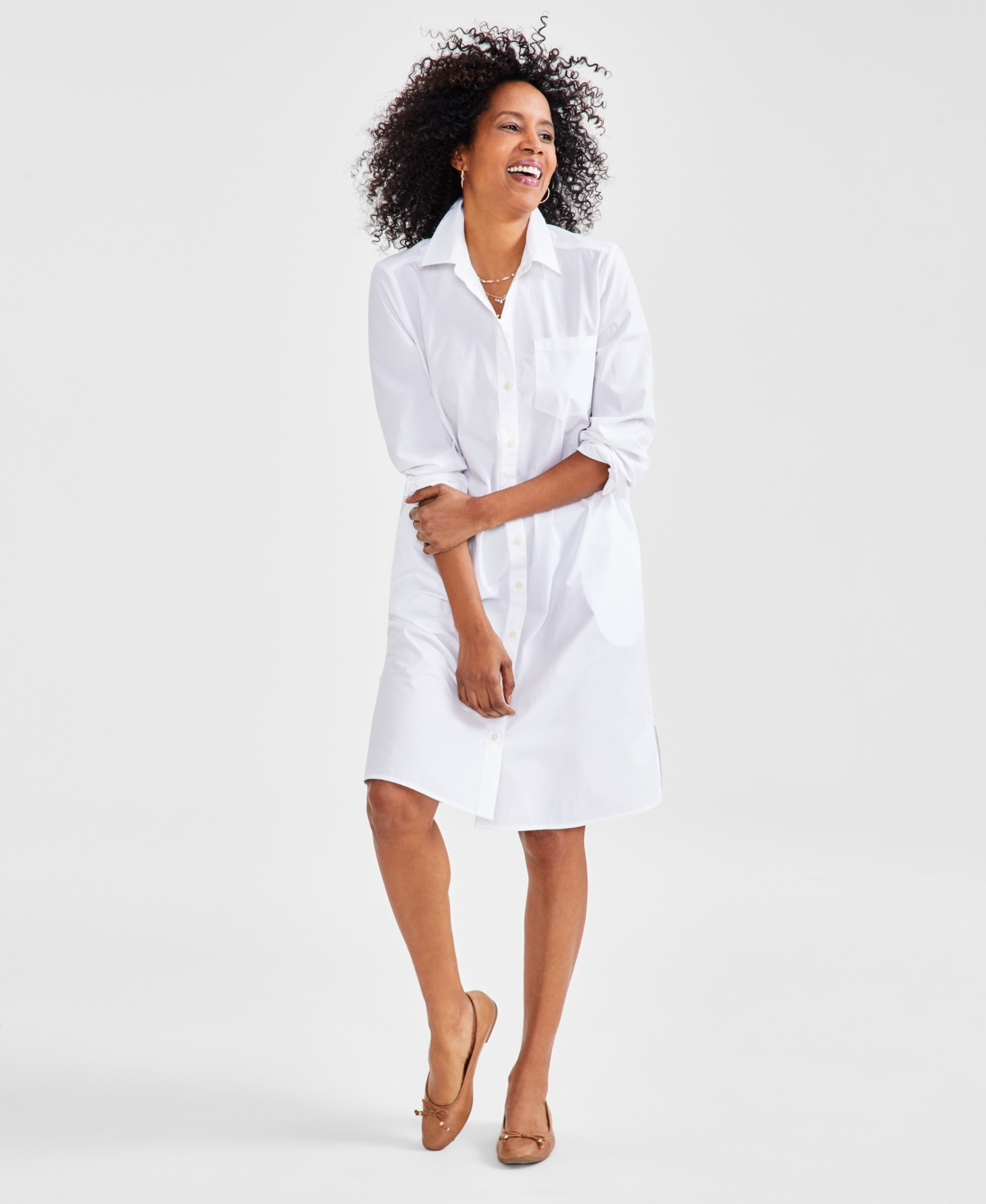 Style & Co Women's Cotton Long Sleeve Shirtdress, Created For Macy's In Bright White