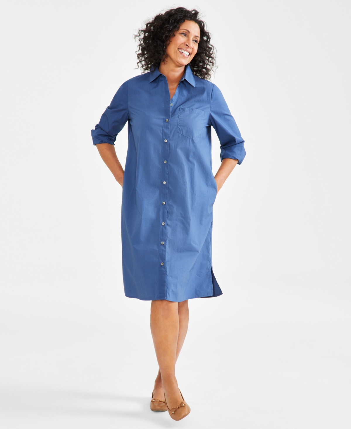 Style & Co Women's Cotton Long Sleeve Shirtdress, Created For Macy's In New Uniform Blue