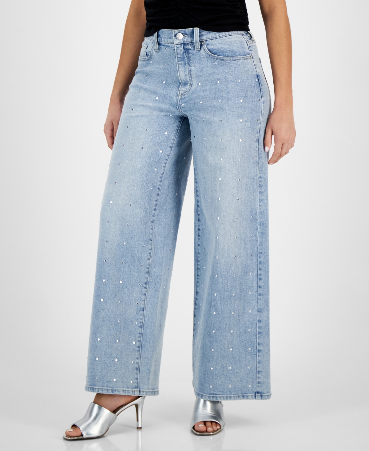 Shop Dkny Jeans Women's High Rise Studded Wide Leg Jeans In Aw - Atlantic Wash