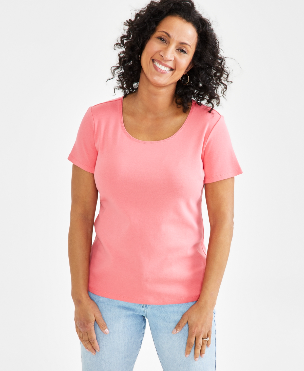 Style & Co Women's Cotton Short-sleeve Scoop-neck Top, Xs-4x, Created For Macy's In Fresh Coral