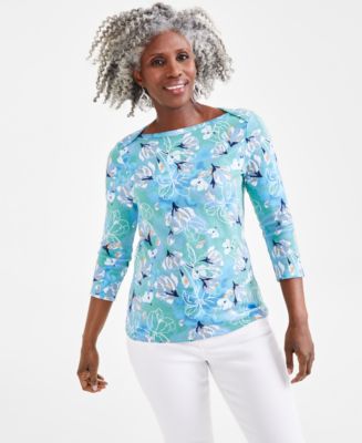 売れ筋商品|||スタイルアンドコー カットソー トップス レディース Women's Boat-Neck Elbow Sleeve Cotton Top, PXS-4X, Created for Macy's Minty Turquoise Style & Co Women's Printed Boat-Neck Elbow-Sleeve Top