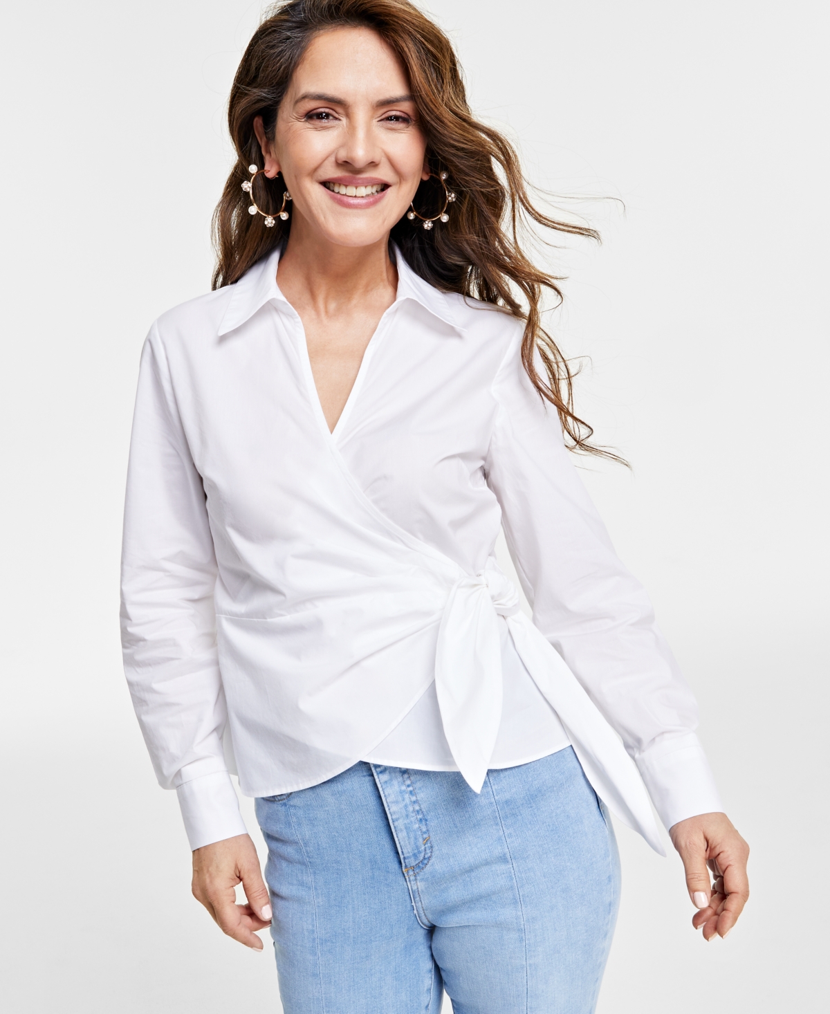 Inc International Concepts Petite Collared Waist-tie Blouse, Created For Macy's In Bright White