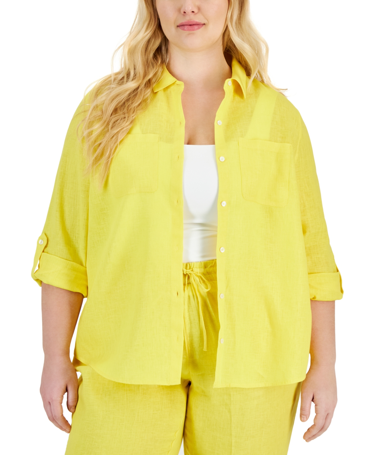 Shop Charter Club Plus Size 100% Linen Roll-tab Shirt, Created For Macy's In Primrose Yellow