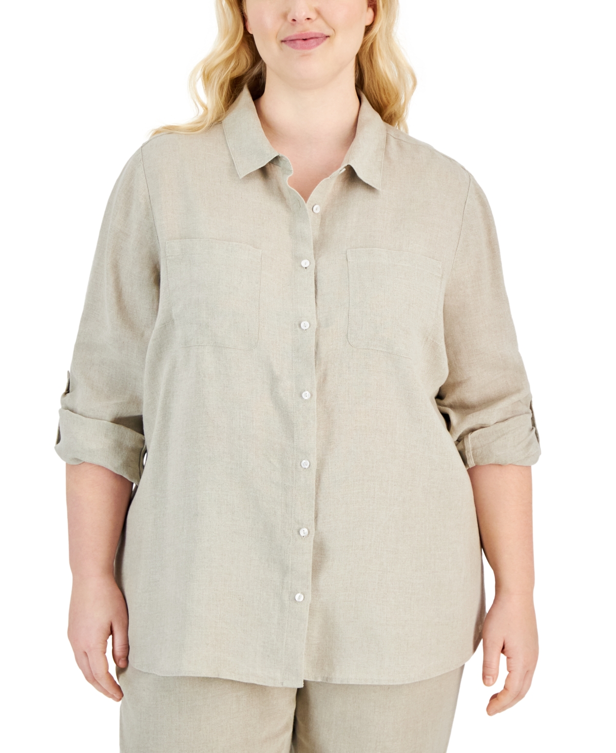 CHARTER CLUB PLUS SIZE 100% LINEN ROLL-TAB SHIRT, EXCLUSIVELY AT MACY'S 