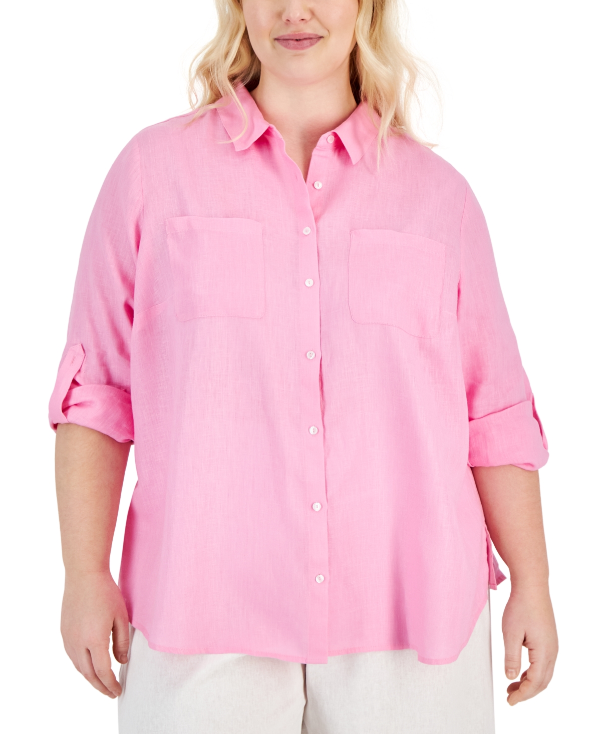 Shop Charter Club Plus Size 100% Linen Roll-tab Shirt, Created For Macy's In Bubble Bath