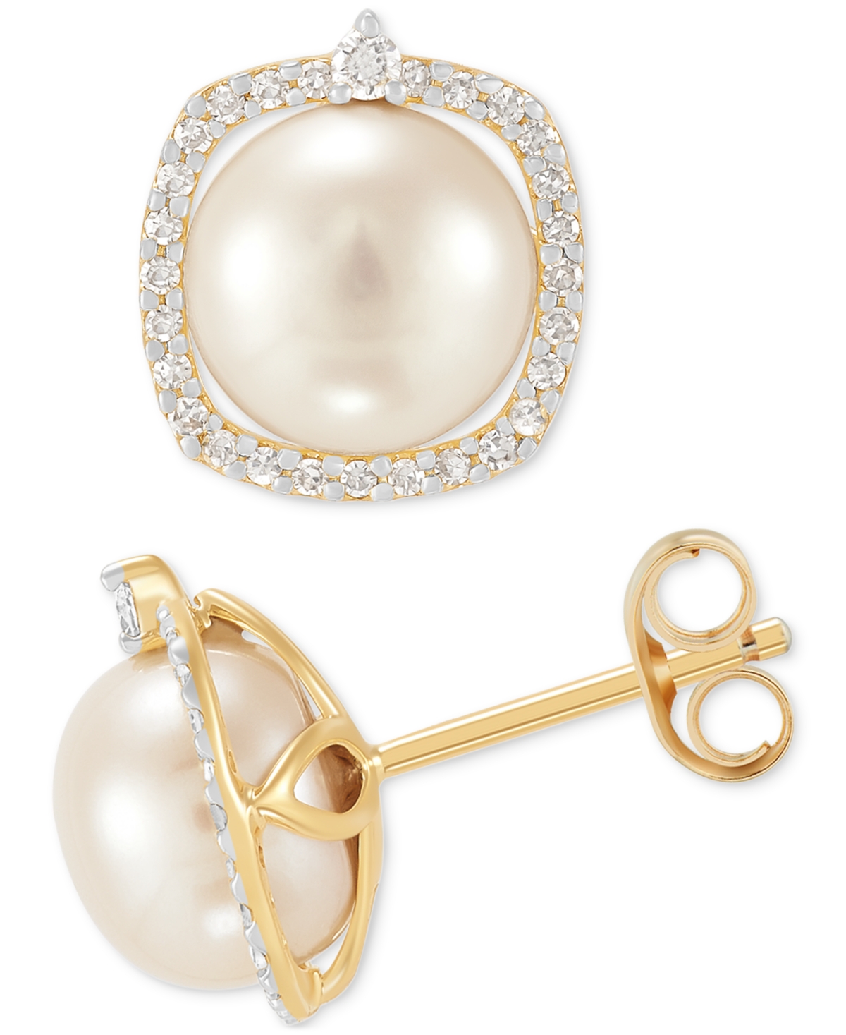 Cultured Freshwater Pearl (7mm) & Diamond (1/6 ct. t.w.) Halo Stud Earrings in 14k Gold - Yellow Gold
