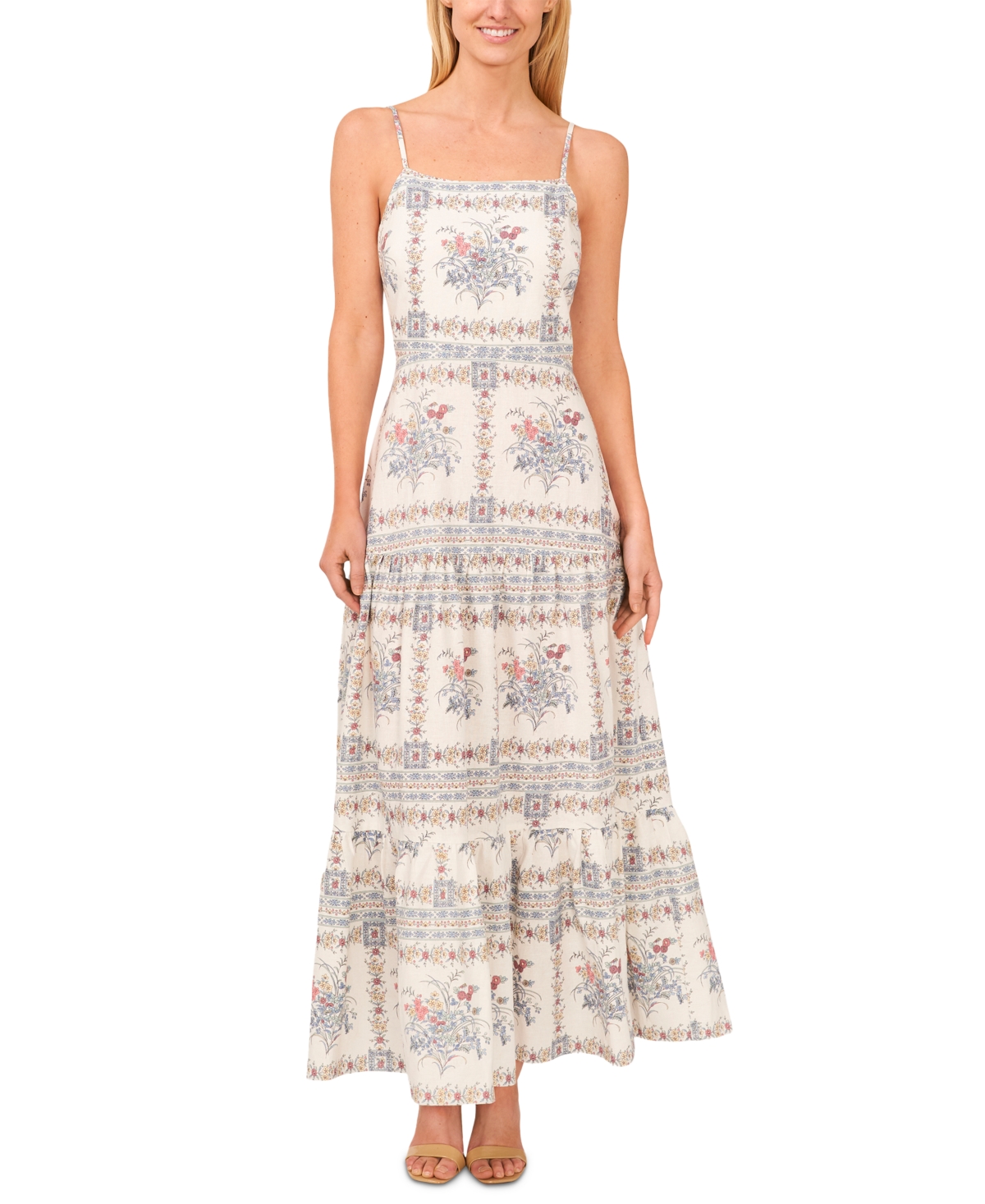 Shop Cece Women's Floral Print Sleeveless Tiered Maxi Dress In Egret