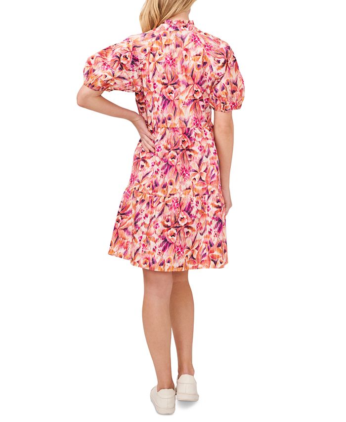 CeCe Women's Printed Puff Sleeve Ruffled Neck V-Neck Tiered Baby Doll ...