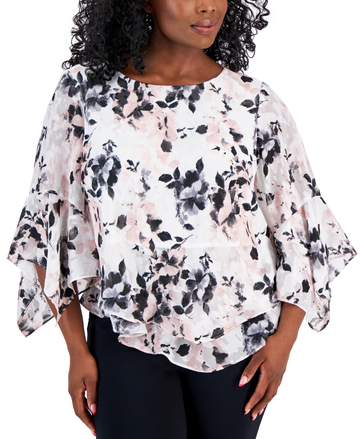 Shop Alex Evenings Plus Size Scoop-neck Tiered Ruffled Blouse In Ivory,pink