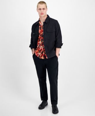 Hugo By  Boss Mens Oversized Fit Shirt Jacket Straight Fit Printed Button Down Shirt Tapered Fit Chin In Black
