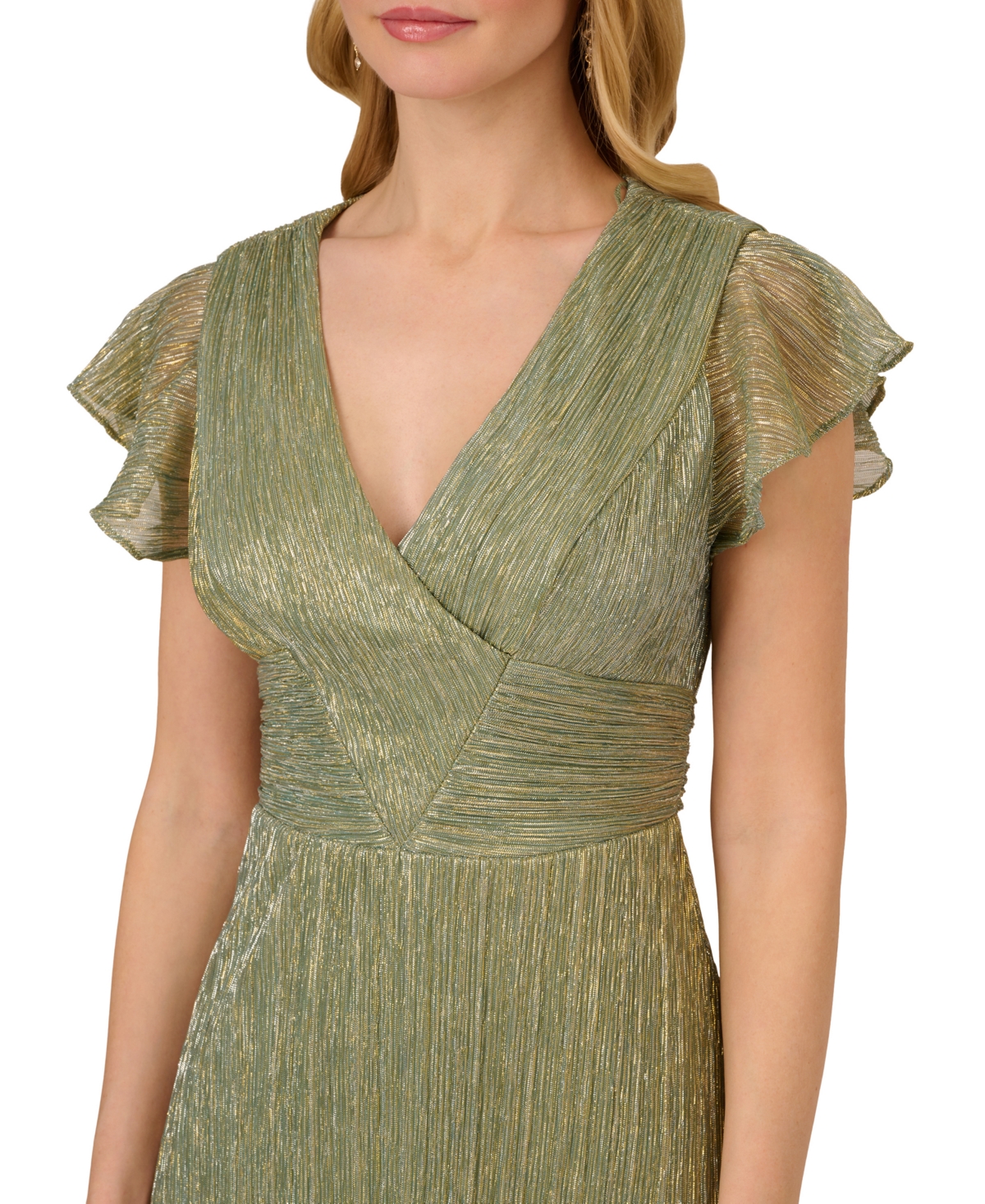 Shop Adrianna Papell Women's V-neck Crinkle Mesh Midi Dress In Greenslate