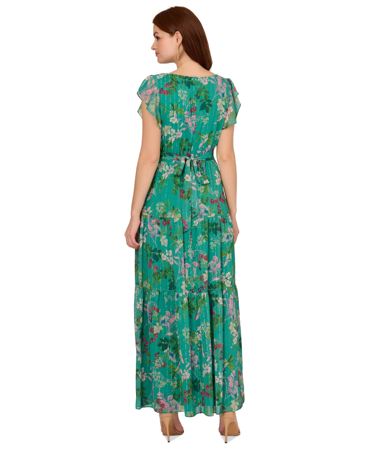 Shop Adrianna Papell Women's Floral-print Surplice-neck Tiered Gown In Green Multi