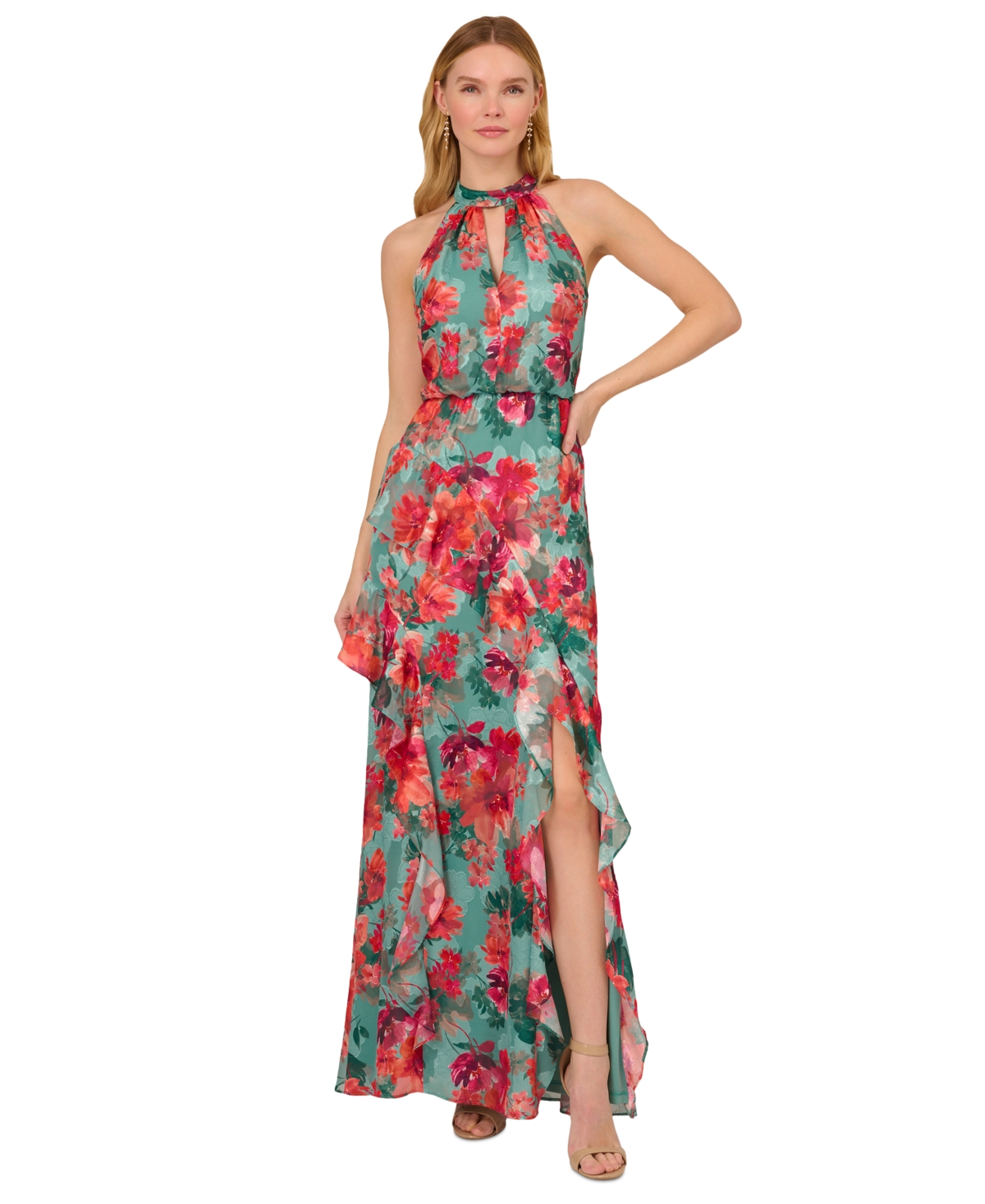 Shop Adrianna Papell Women's Printed Ruffled Mermaid Gown In Turquoise Multi