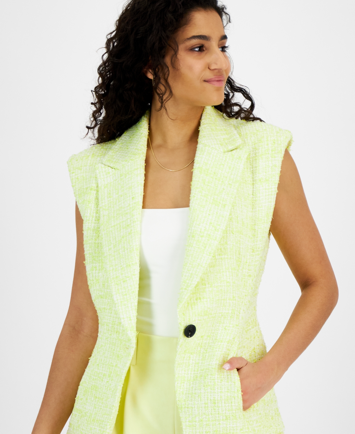 Shop Avec Les Filles Women's Tweed Sleeveless Blazer In Yellow,citrus Mist