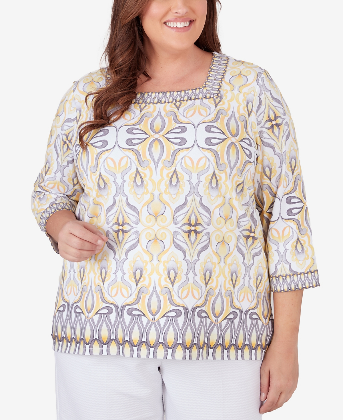 Shop Alfred Dunner Plus Size Charleston Medallion Border Top With Square Neckline In Multi