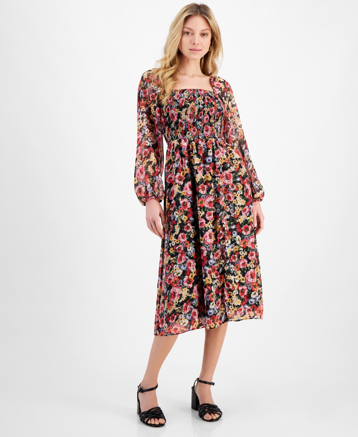 Women's Floral-Print Smocked Midi Dress - Dark Grounded Bright Floral