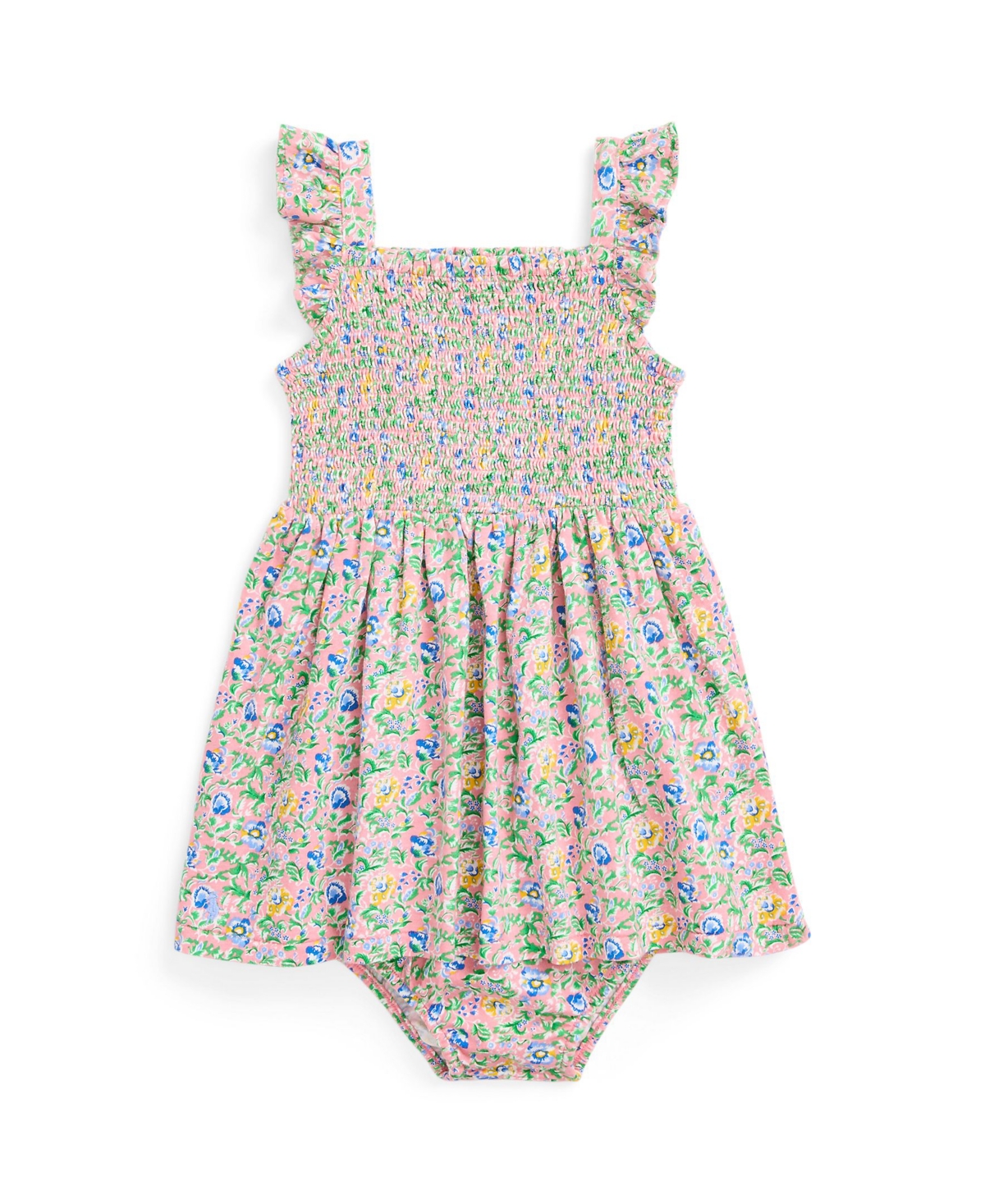 Polo Ralph Lauren Baby Girls Floral Smocked Cotton Dress And Bloomer Set In Beneda Floral Pink,vista Blue