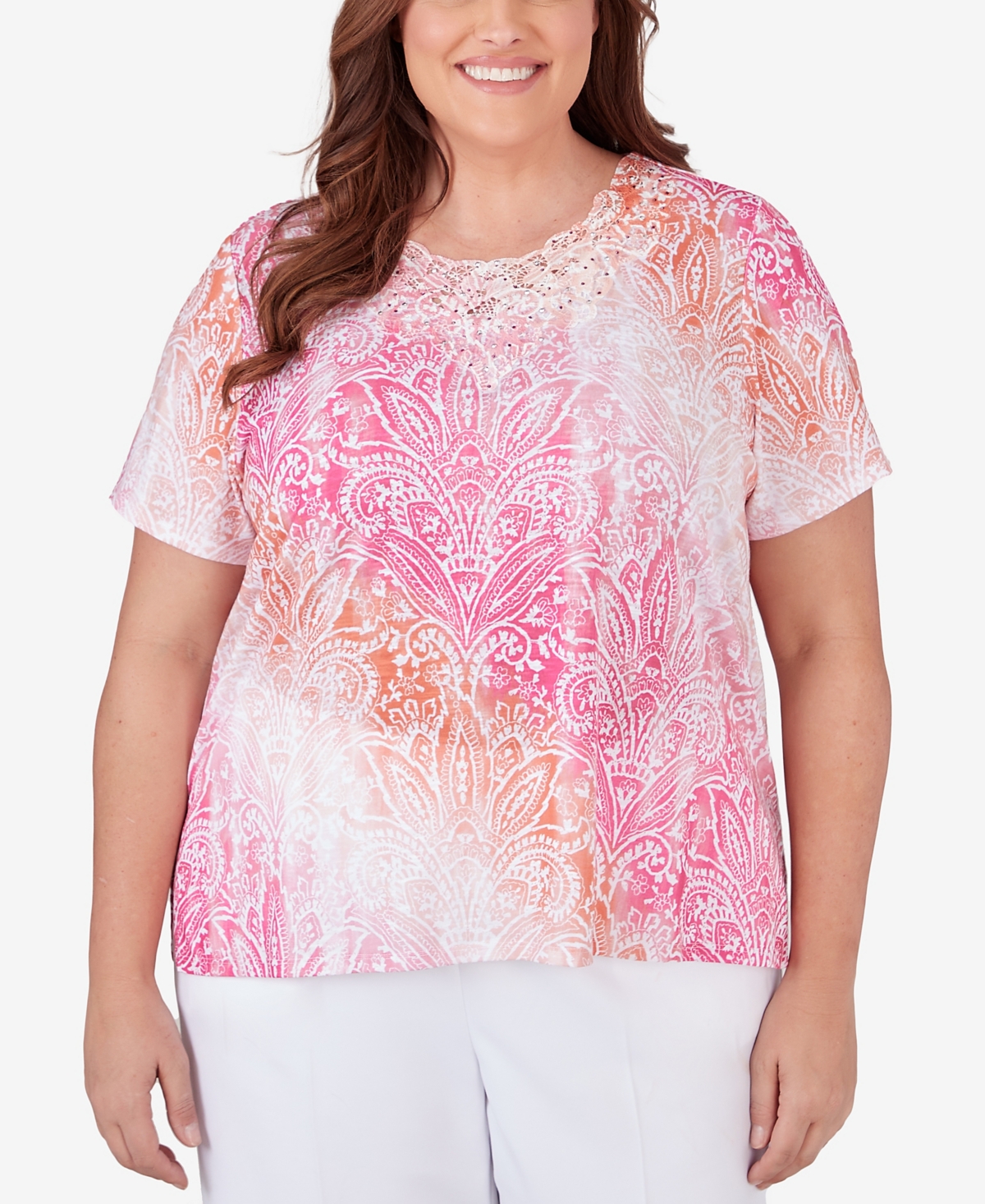 Shop Alfred Dunner Plus Size Paradise Island Ombre Medallion Top With Lace Detail In Peony