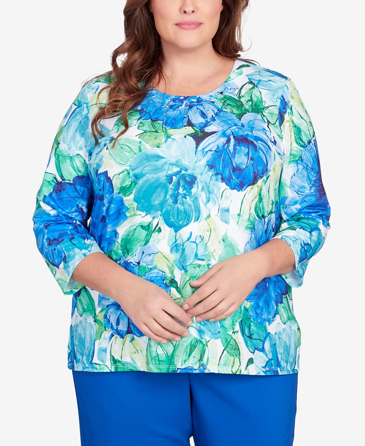 Shop Alfred Dunner Plus Size Tradewinds Watercolor Flower Pleated Neck Top In Multi