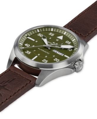 Men's Swiss Automatic Khaki Aviation Day Date Brown Leather Strap Watch 42mm