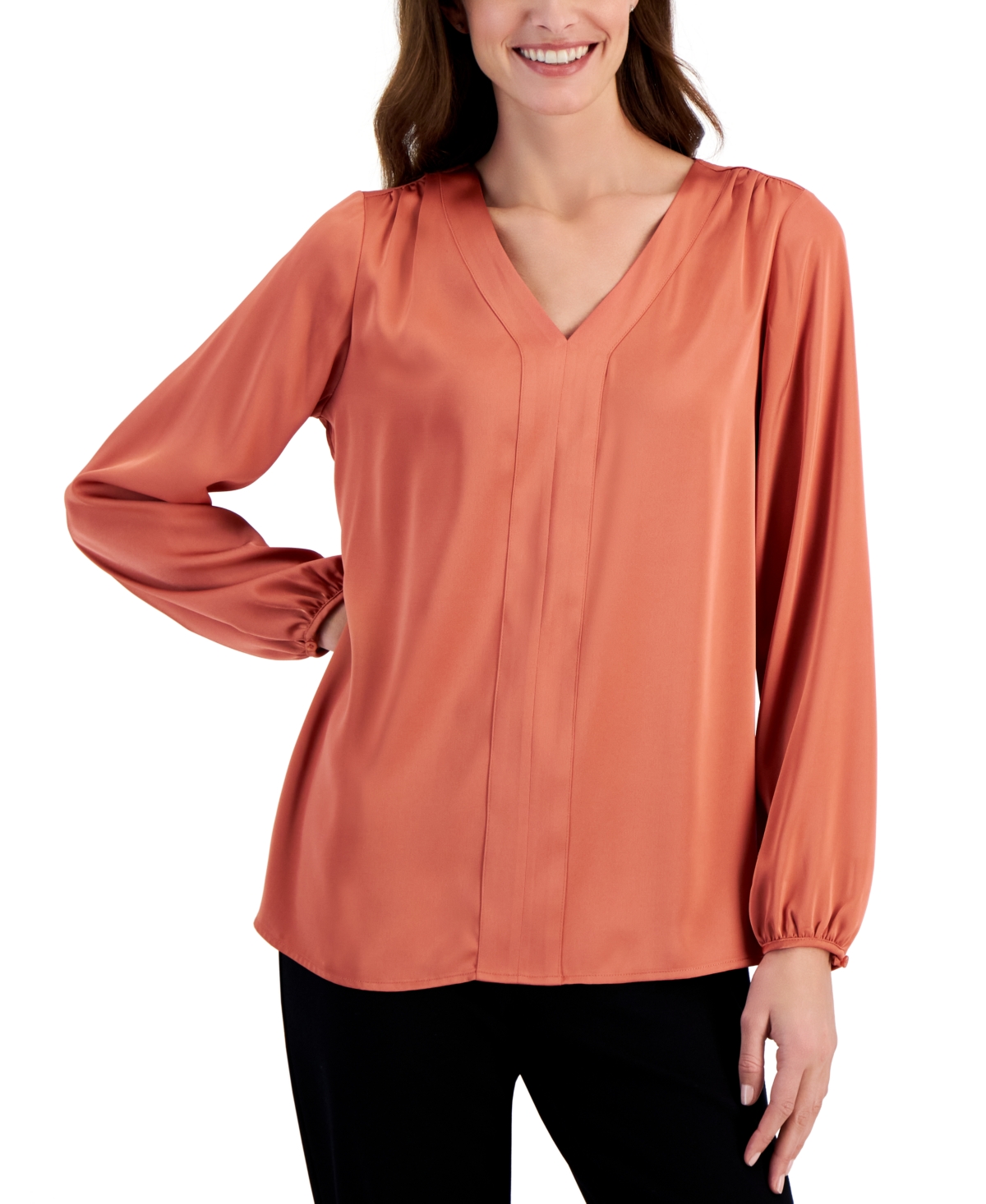Jm Collection Petite V-neck Solid-placket Satin Top, Created For Macy's In Burnt Brick