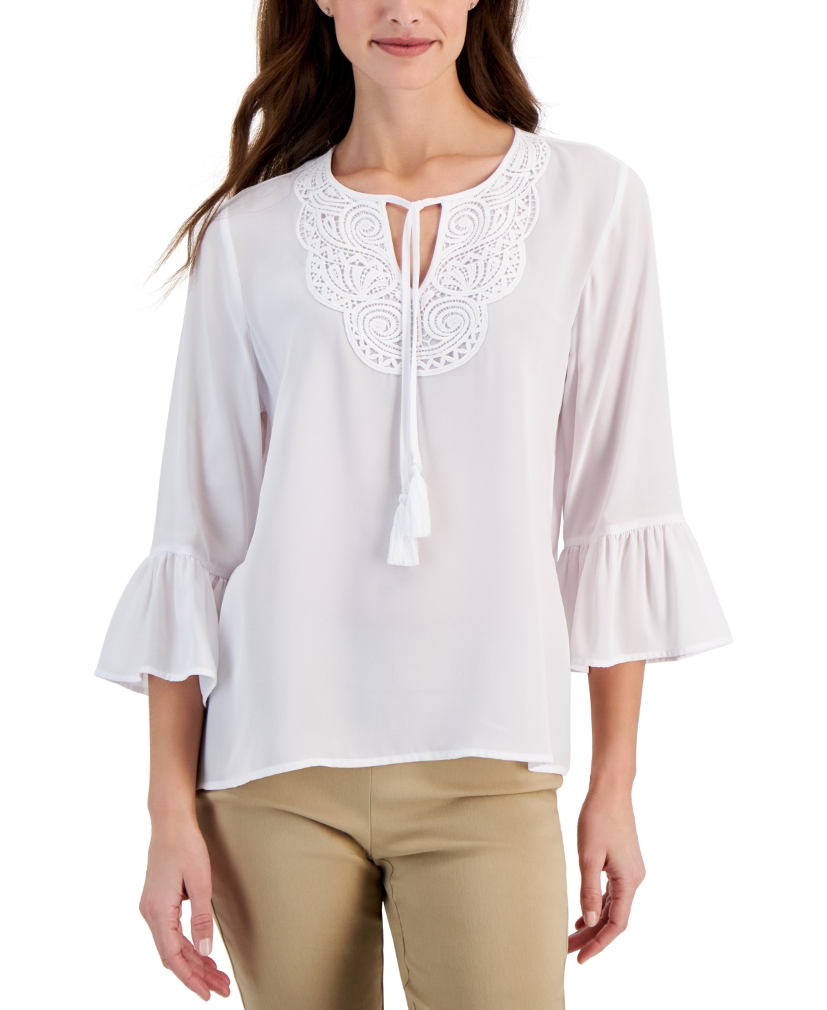 Women's Lace-Trim Bell-Sleeve Woven Top, Created for Macy's - Burnt Brick