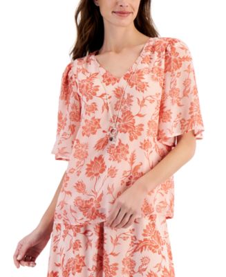 JM Collection Women's Printed Short Flutter-Sleeve Top
