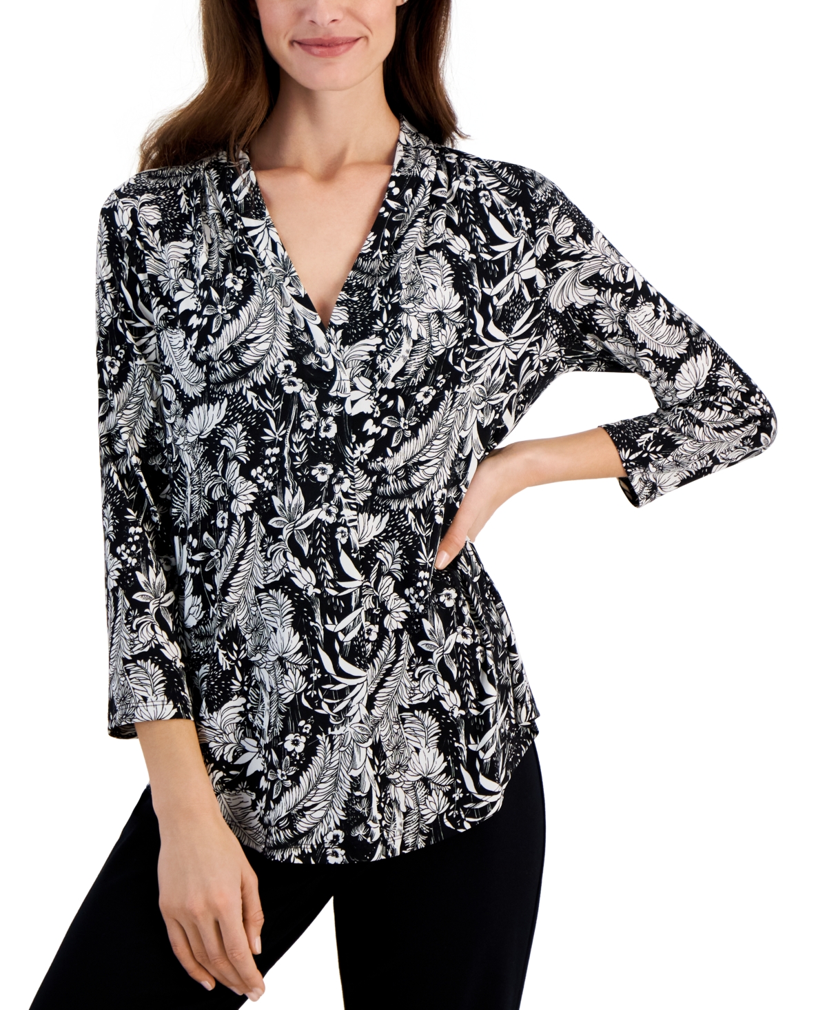 Shop Jm Collection Women's Printed 3/4 Sleeve V-neck Knit Top, Exclusively At Macy's In Black Feather Floral Combo