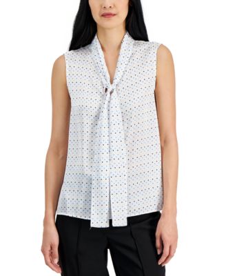 Anne Klein - Women's Dot-Print Scarf-Neck Sleeveless Top