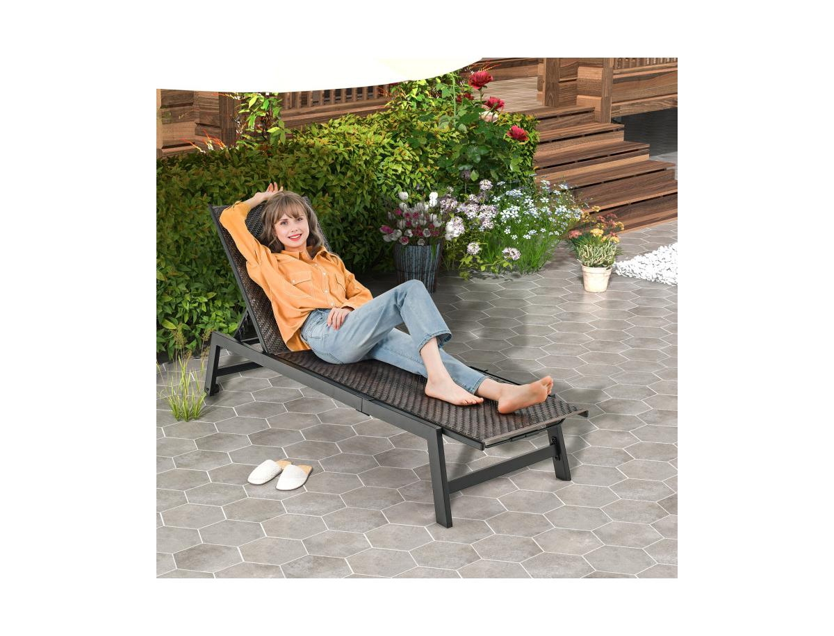 Inolait Patio Pe Rattan Chaise Lounge with 5-Level Backrest and Wheels