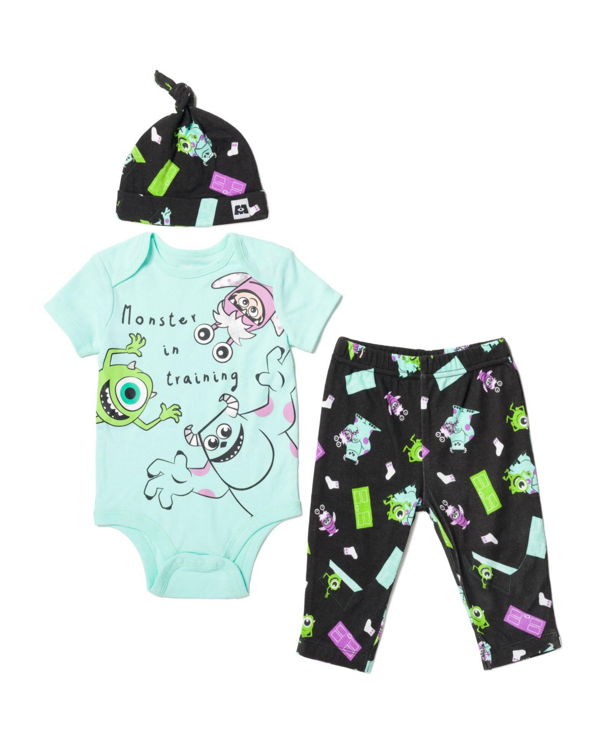 Disney Pixar Monsters Inc. Sully Boo Mike Boys Bodysuit Pants and Hat 3 Piece Outfit Infant -/ blue