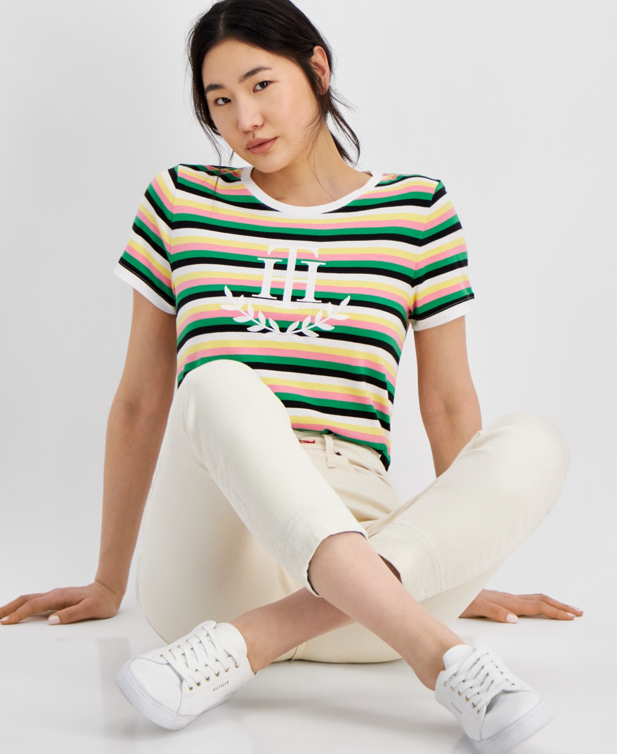 Shop Tommy Hilfiger Women's Striped Short-sleeve Logo Tee In Gray