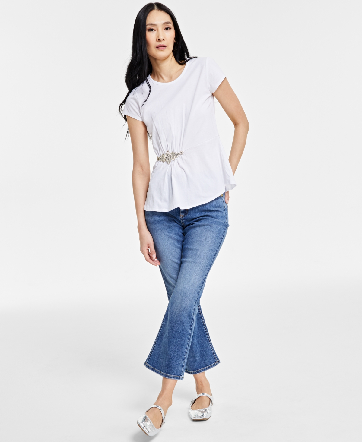 Shop Inc International Concepts Women's Embellished-waist Cotton T-shirt, Created For Macy's In Bright White
