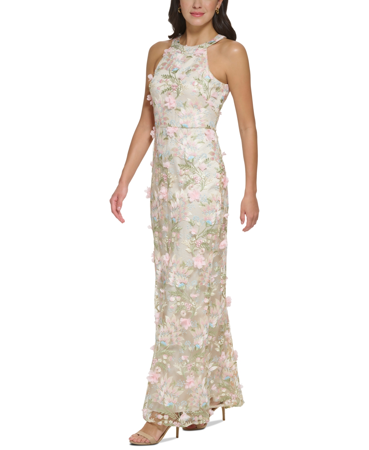 Shop Eliza J Petite Floral-applique Embroidered Gown In Pink Champagne